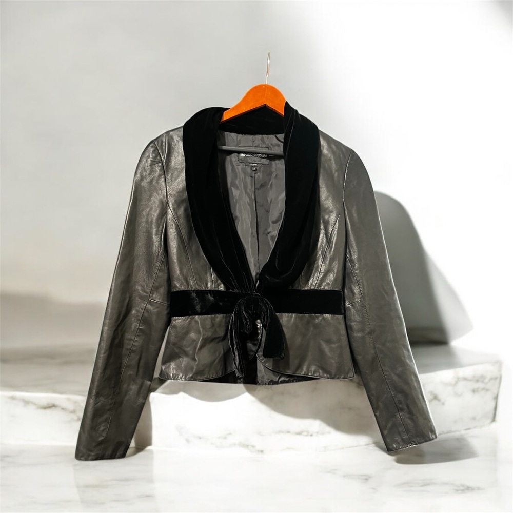 Emporio Armani Black Leather Blazer/coat with Velvet Trim